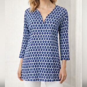 Womens Blue White Geometric Tunic Top 100% Cotton Boho Beach Cover  Size Medium